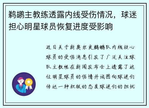 鹈鹕主教练透露内线受伤情况，球迷担心明星球员恢复进度受影响